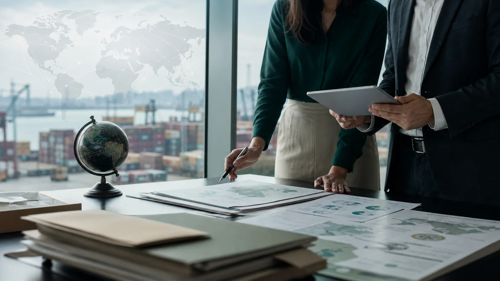 Profesionales revisando un proceso de comercio y logística internacional
